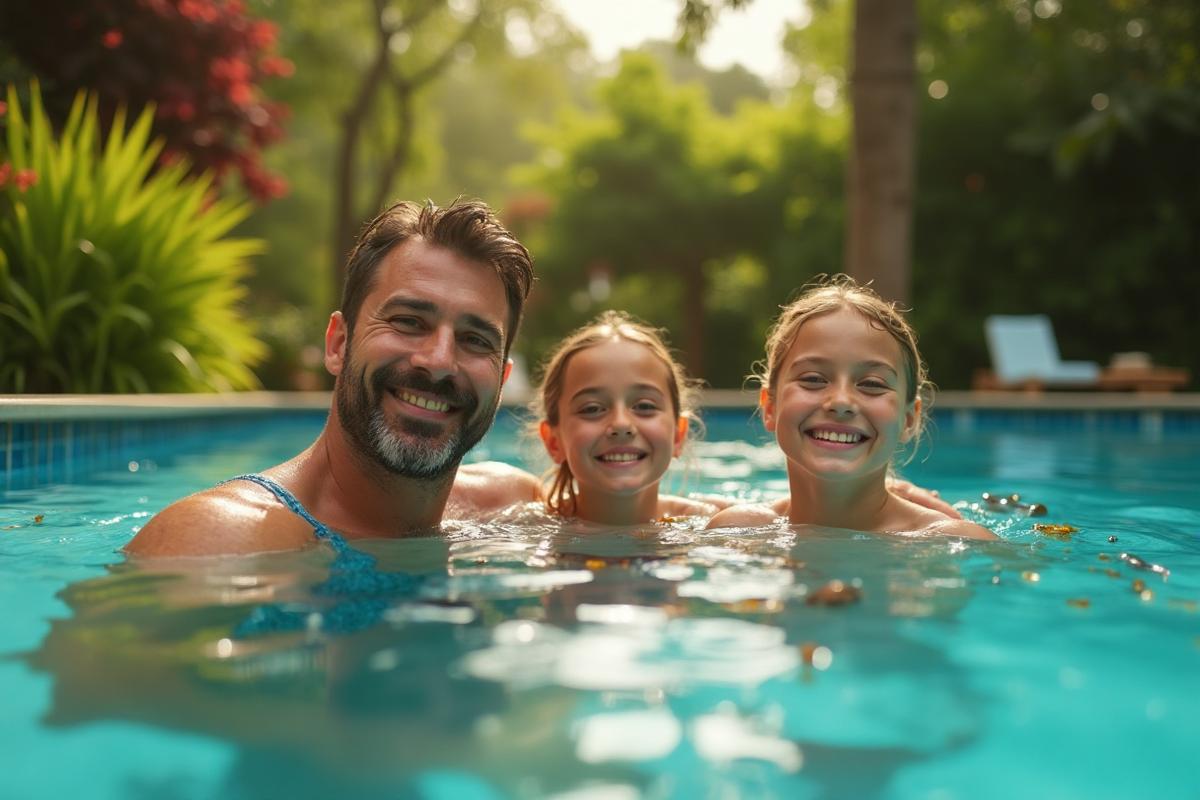 Family enjoying a chemical-free natural swimming pool in UK garden with aquatic plants