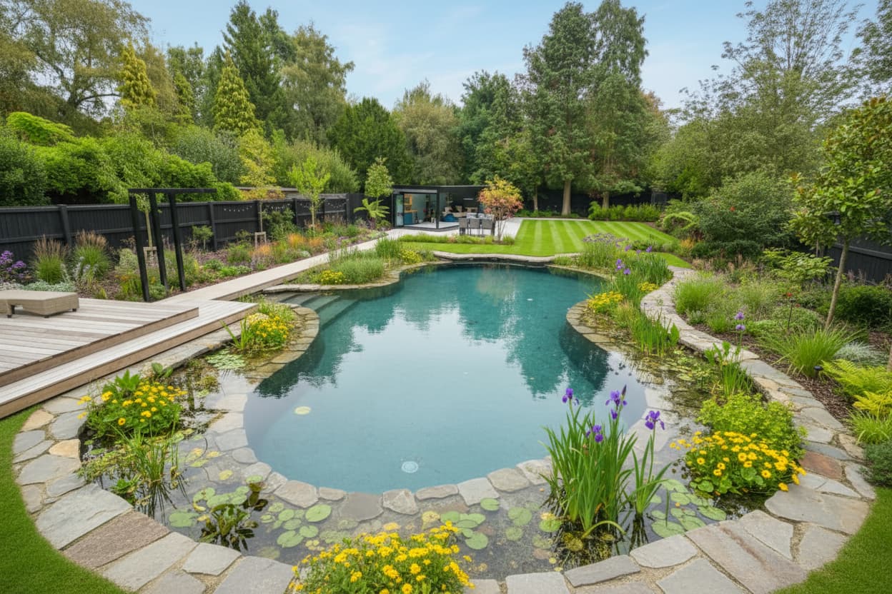 AI visualisation of natural swimming pool design in UK garden
